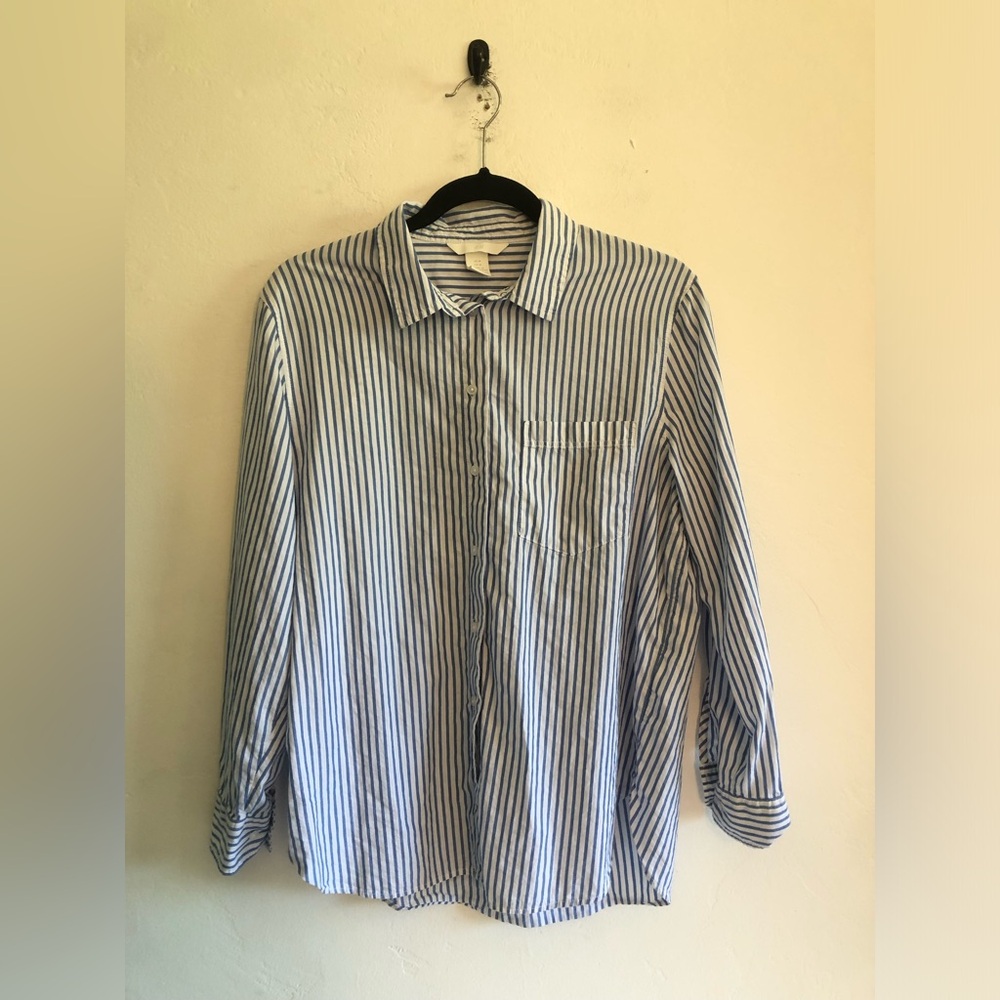 H&M size M Blue White Loose Fit Button down Long Sleeve Blouse Shirt Top